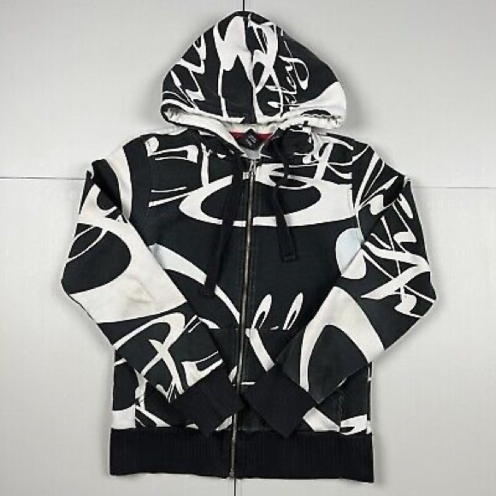 Vintage Y2K Oakley Full Print Zip Up Hoodie Black Women Size L Graphic